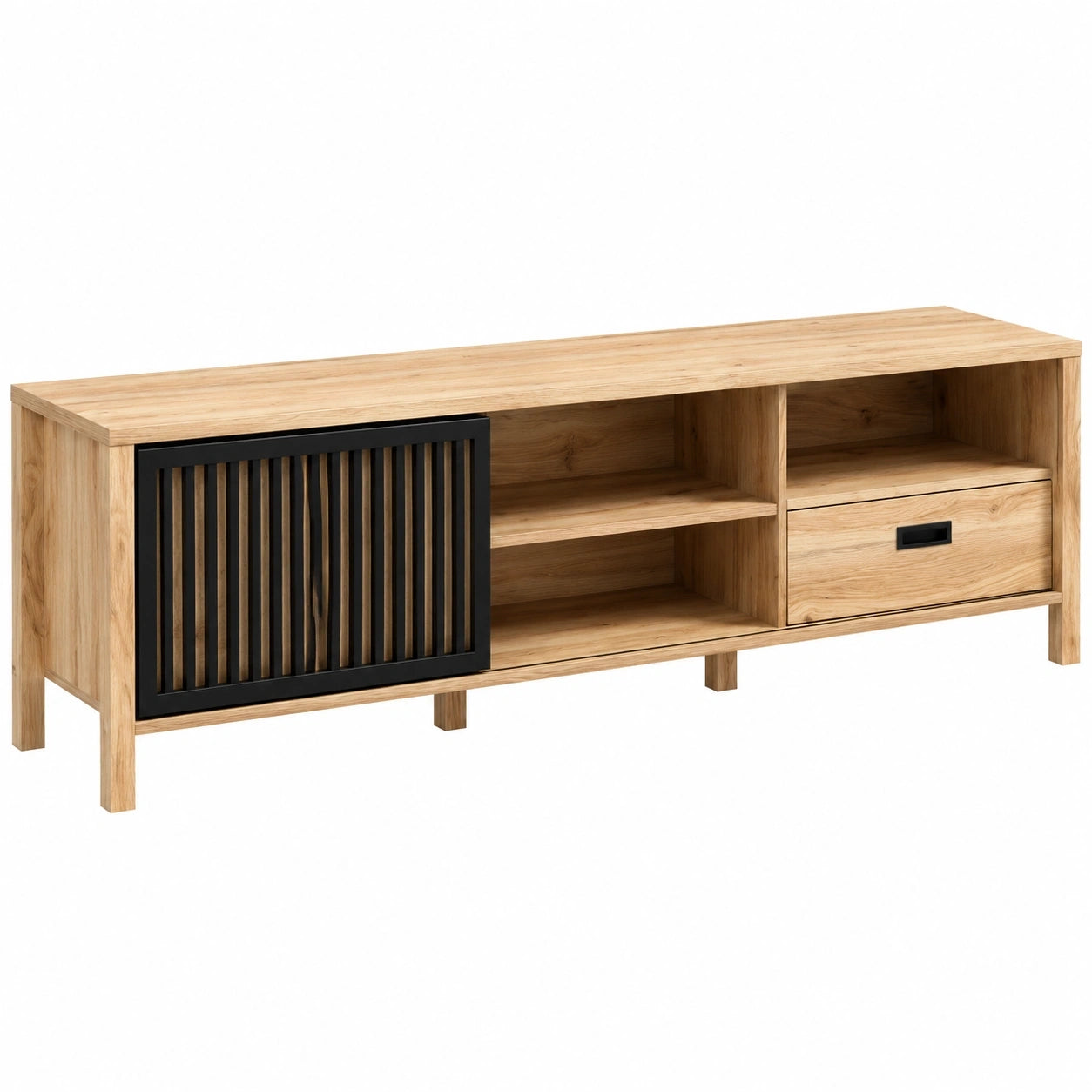 Skandinavischer TV-Schrank aus Eichenholzdekor, Schwarz, mit Stauraum und Schublade, 175 cm