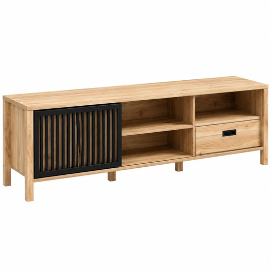 Skandinavischer TV-Schrank aus Eichenholzdekor, Schwarz, mit Stauraum und Schublade, 175 cm
