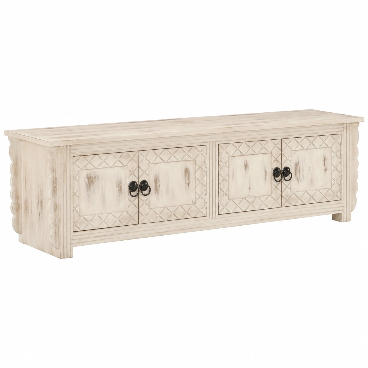 Massivholz TV-Schrank aus Mangoholz mit 4 Türen, Weiß, 140x30x35cm
