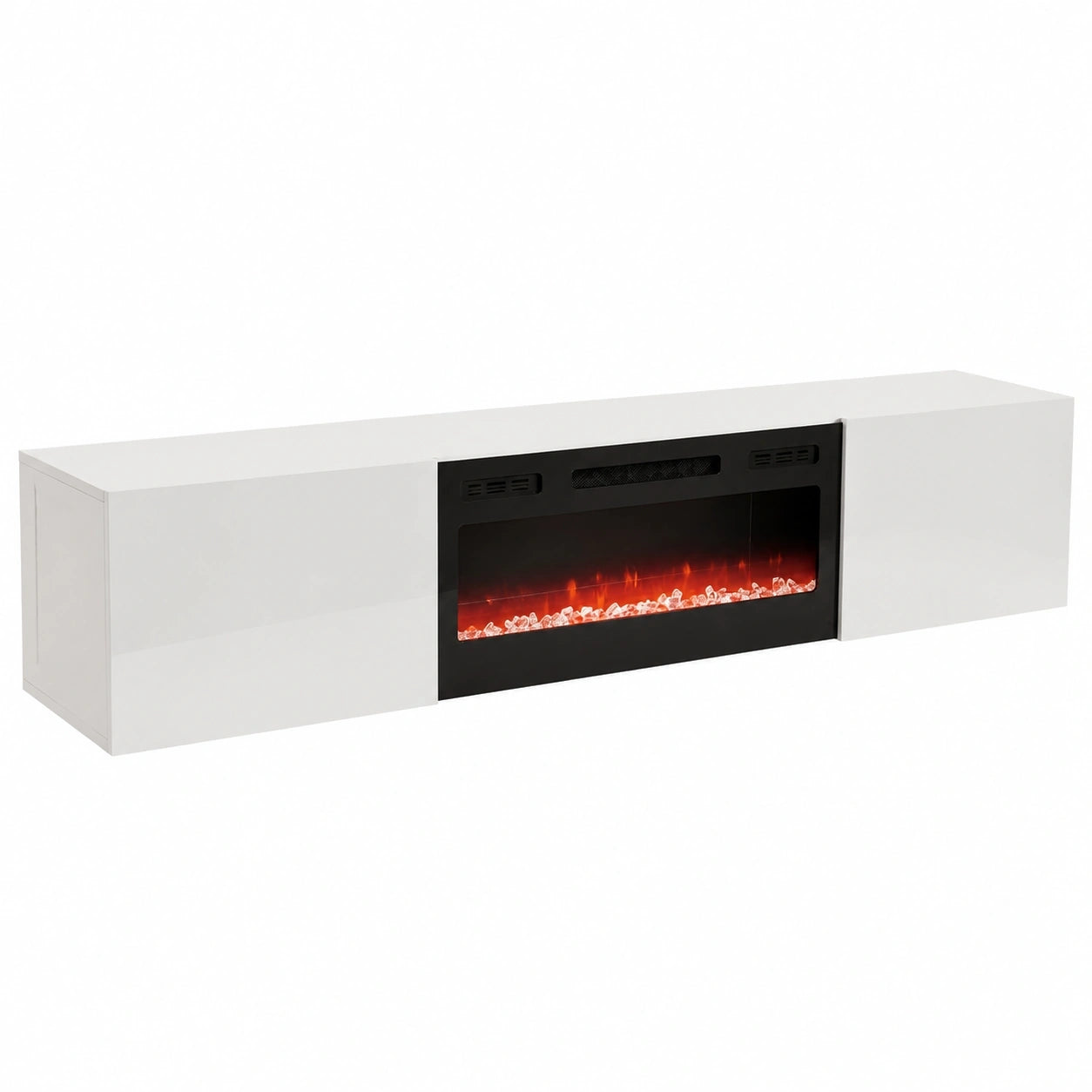 Moderne TV-Kommode mit Elektrischem Kamin und Realistischer LED-Flamme, Weiß Hochglanz