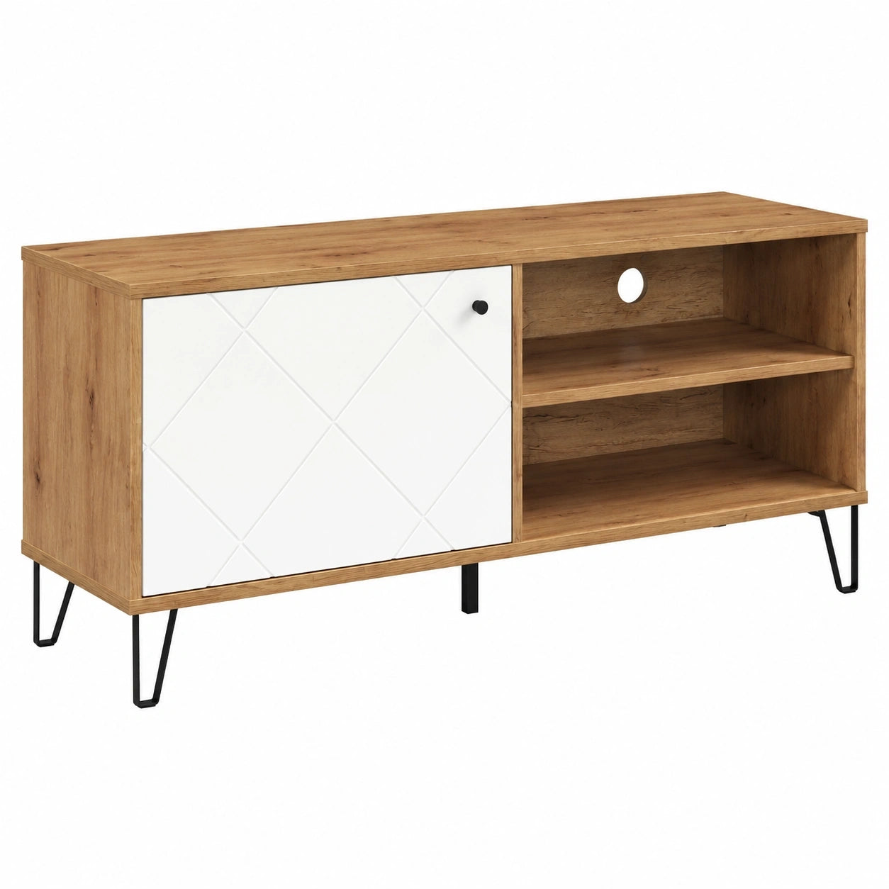 Trendteam TV-Lowboard in Weiß/Eiche mit Tür und Fächern, dekorative Fräsung, schwarze Metallfüße, 123x56x40 cm