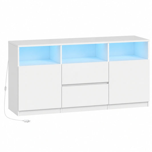 Modernes TV-Möbel mit RGB-LEDs, passend für Fernseher bis 65 Zoll, Sideboard mit Schubladen und offenen Fächern, Weiß