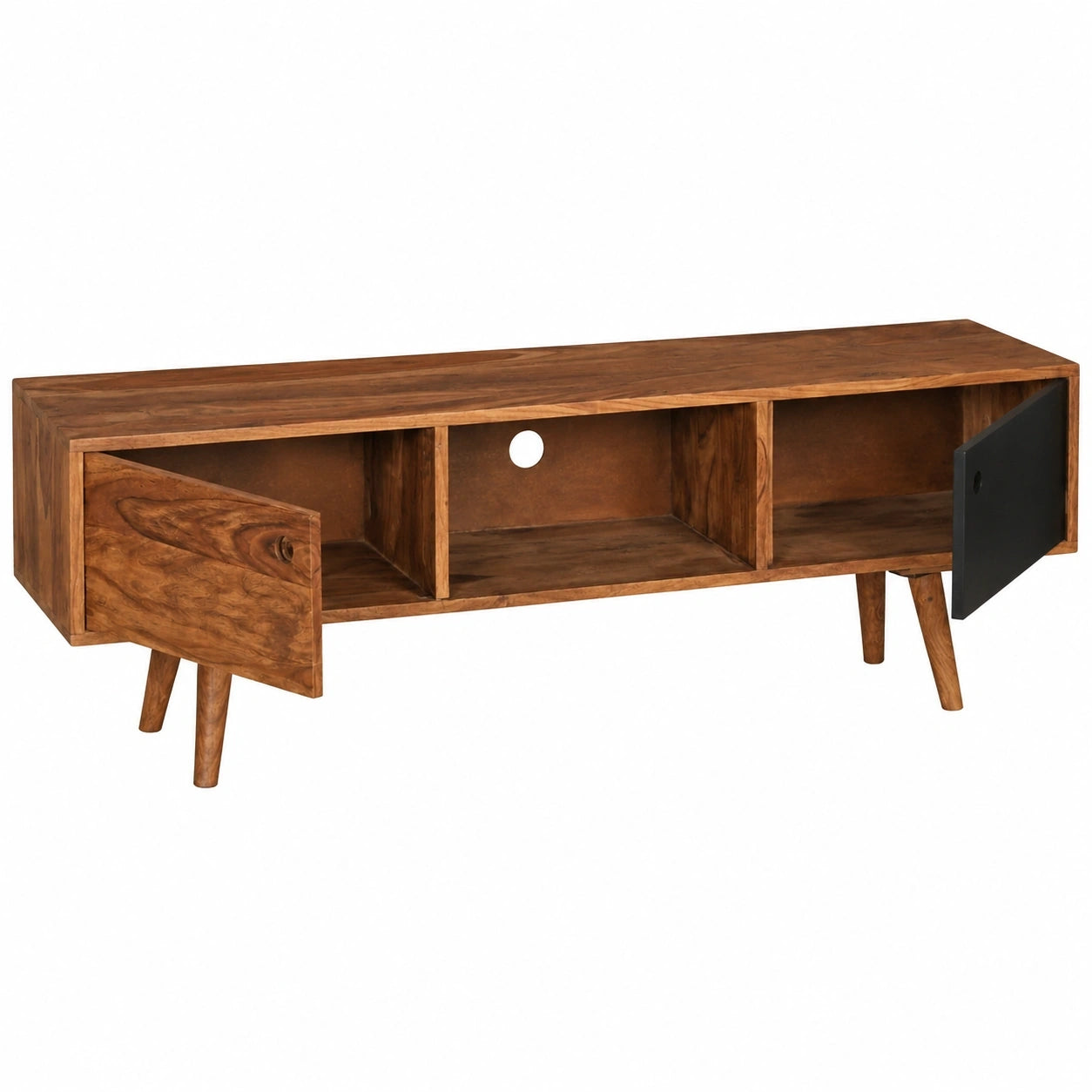 FineBuy TV-Schrank REPA 140 cm Massivholz Sheesham, Landhausstil, 2 Türen & Fach, HiFi-Rack mit 4 Beinen, Vintage Schwarz